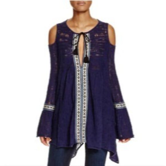 Free People Navy Blue Embroidered Bell Sleeve Cold Shoulder Tunic Mini Dress - Picture 12 of 15